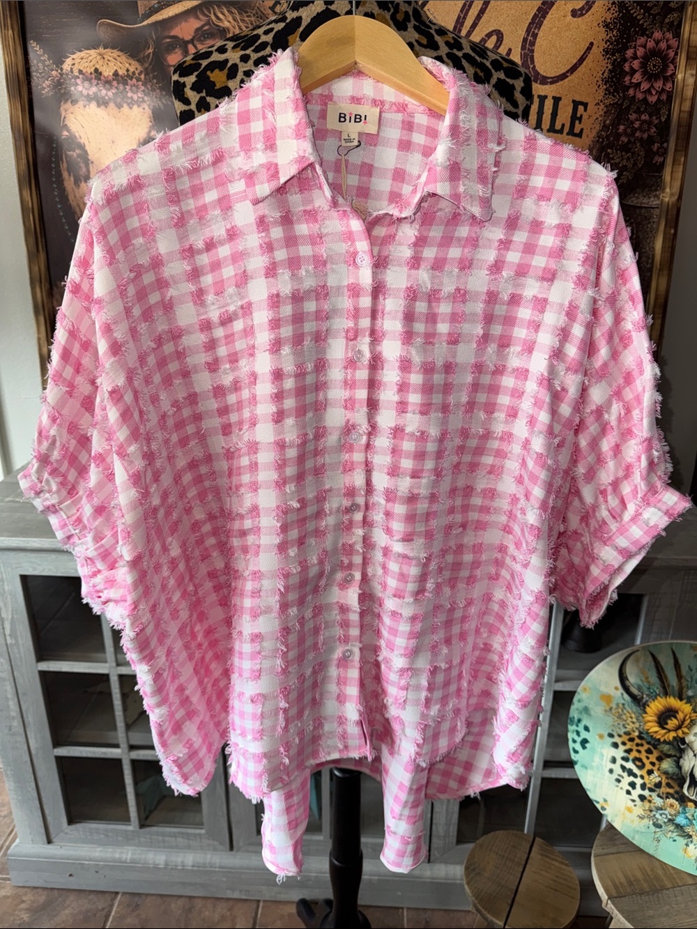 BiBi Pink & White Gingham Button-Down Shirt Size Large